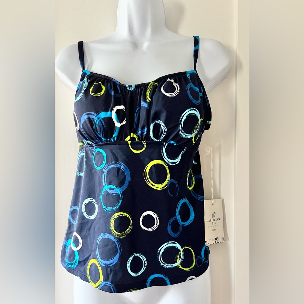 New Caribbean Joe Tankini Swim Top Women's 14 Navy Blue Geometric Abstract NWT